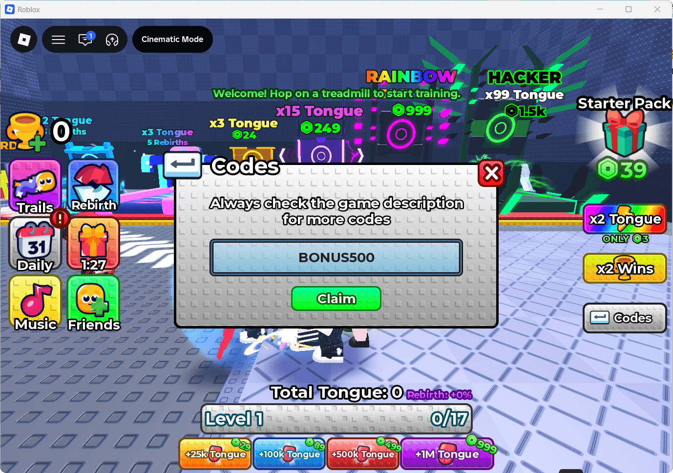 BONUS500 entered in the Tongue Escape Codes panel before Claim
