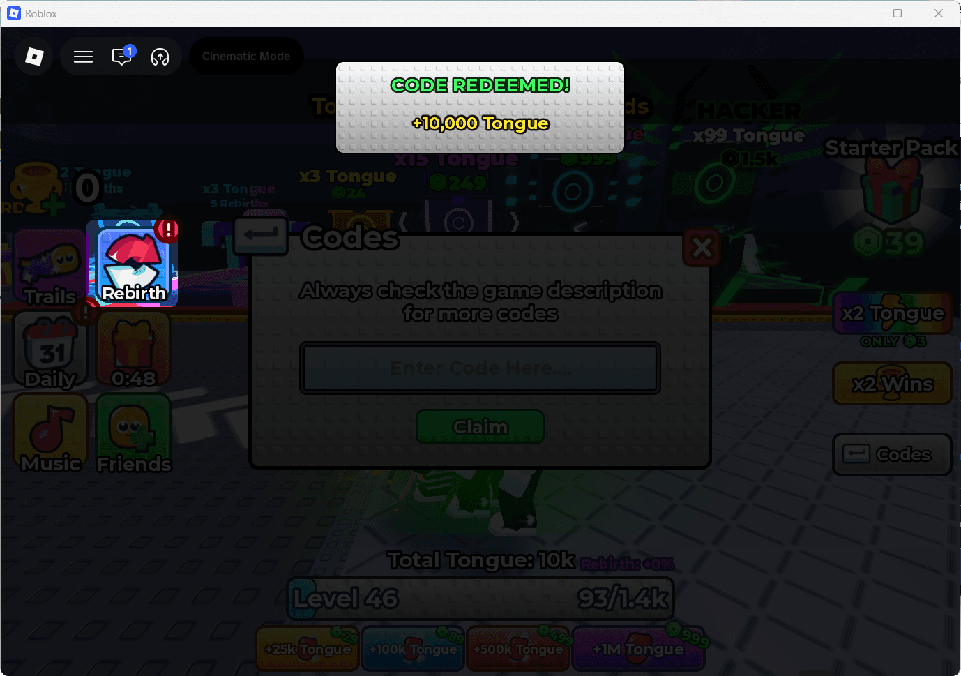 CODE REDEEMED popup showing plus 10000 Tongue after BONUS500