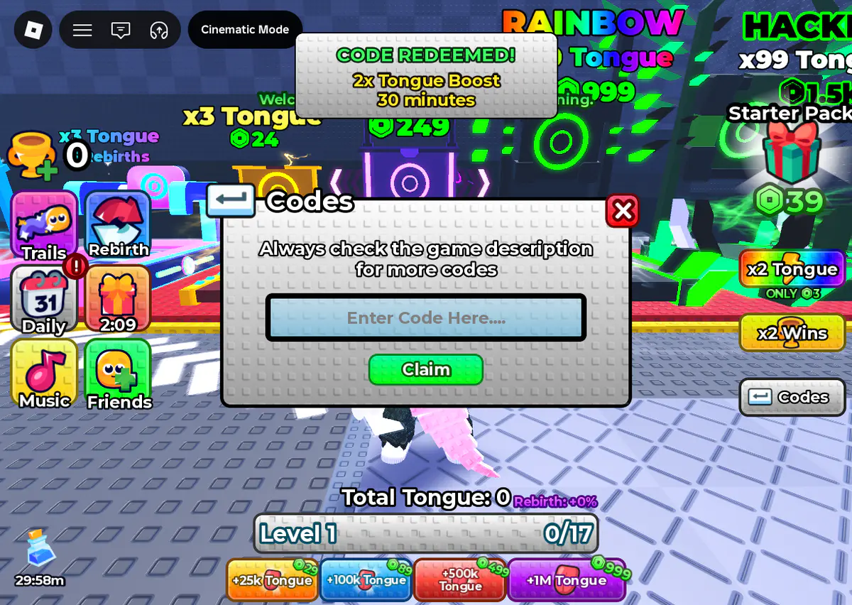 FREEBOOST redeemed for 30 minutes of 2x Tongue