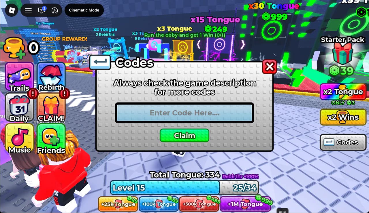 Tongue Escape Codes panel with the code input field and green Claim button