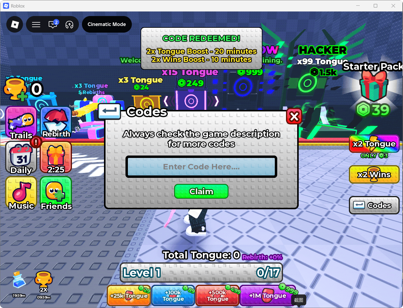 CODE REDEEMED showing 20 minutes of 2x Tongue and 10 minutes of 2x Wins