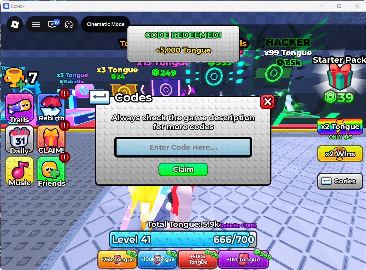 WELCOME1 redeemed for 5000 Tongue