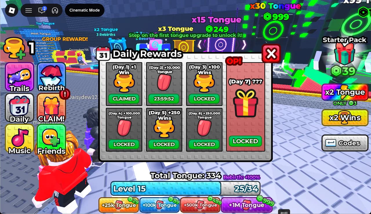 Daily Rewards menu with Day 1 claimed and Days 2 to 7 listed