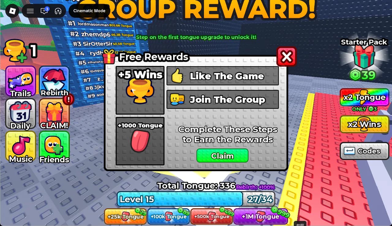 Free Rewards panel showing Like The Game for 5 Wins and Join The Group for 1000 Tongue