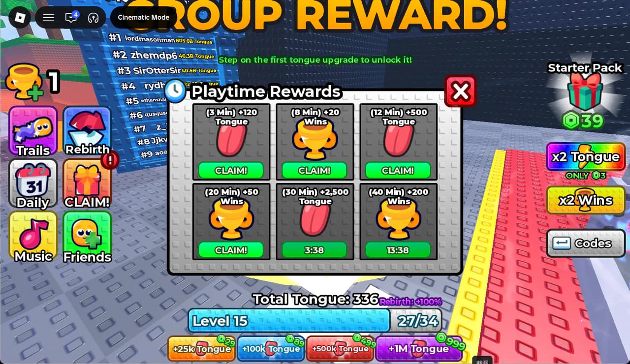 Playtime Rewards menu listing Tongue and Wins rewards from 3 to 40 minutes