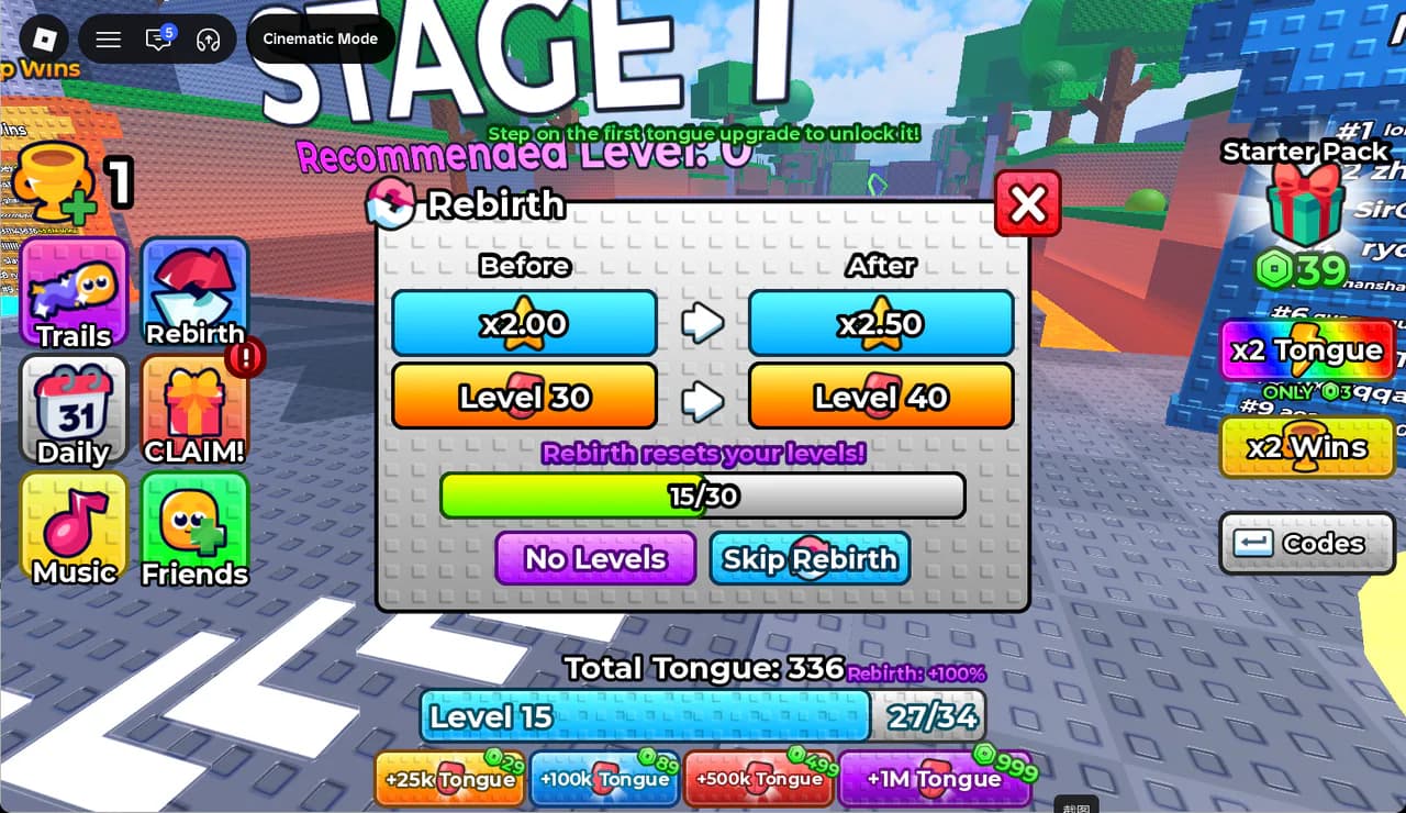 Rebirth screen showing x2 to x2.5, Level 30 to Level 40 and a reset warning