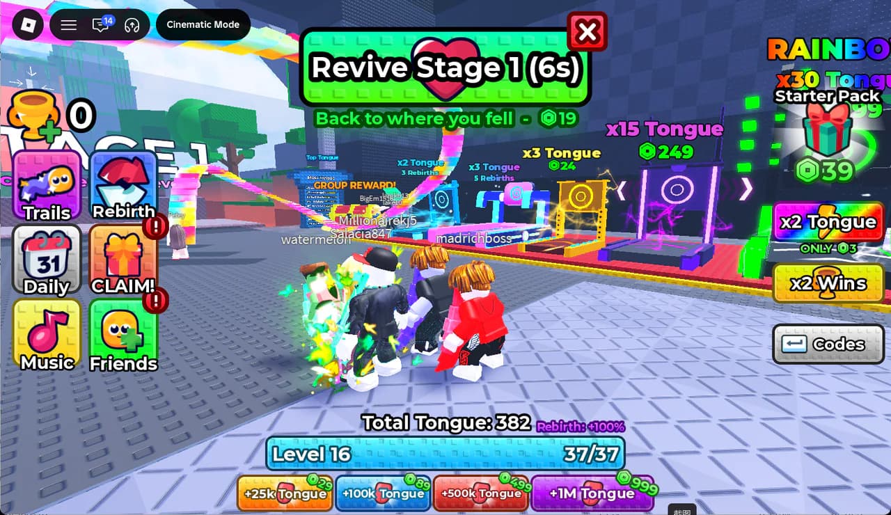 +1 Tongue Escape Stage 1 revive prompt offering a return to the fall location for 19 Robux