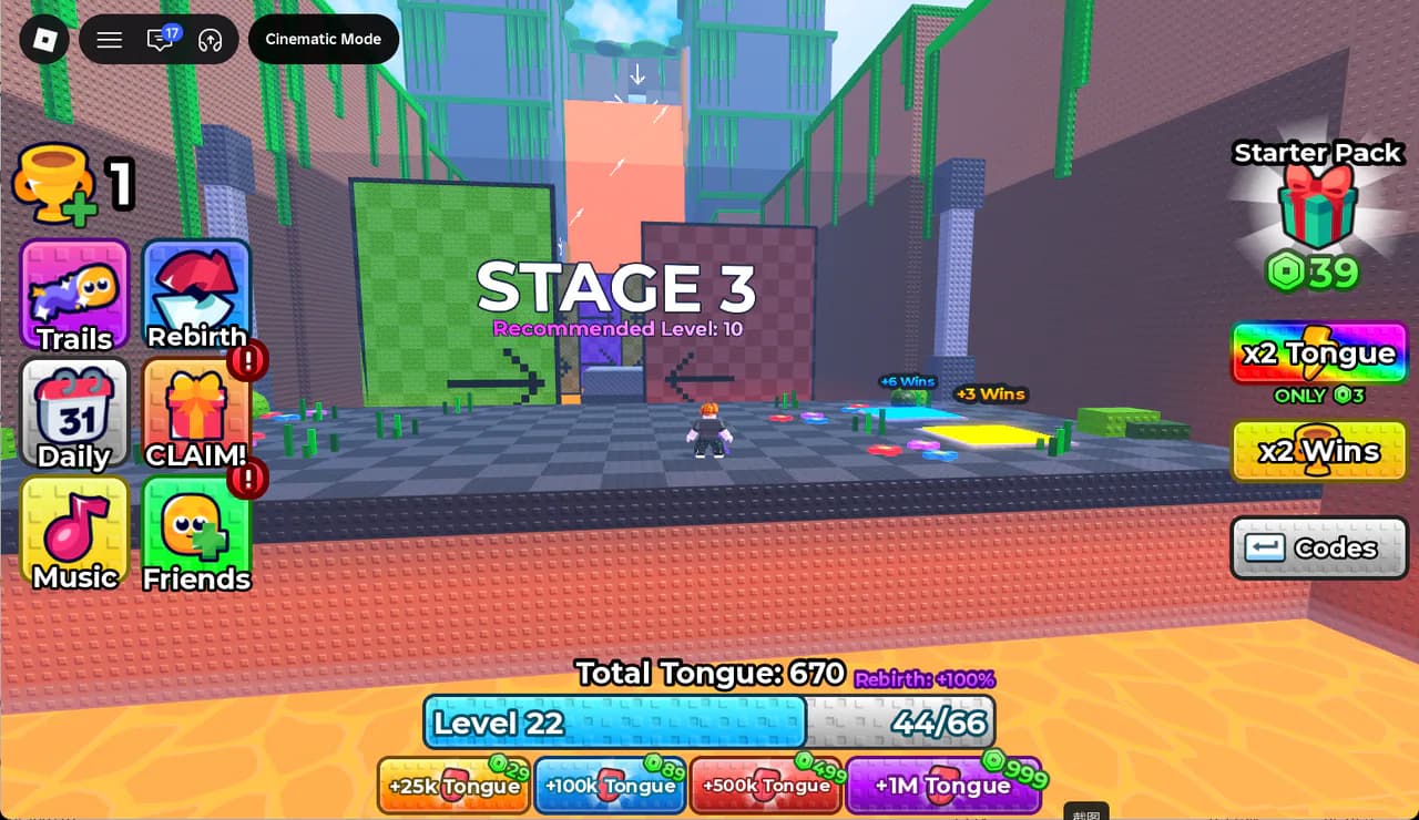 +1 Tongue Escape Stage 3 entrance showing Recommended Level 10 and +3 Wins and +6 Wins pads