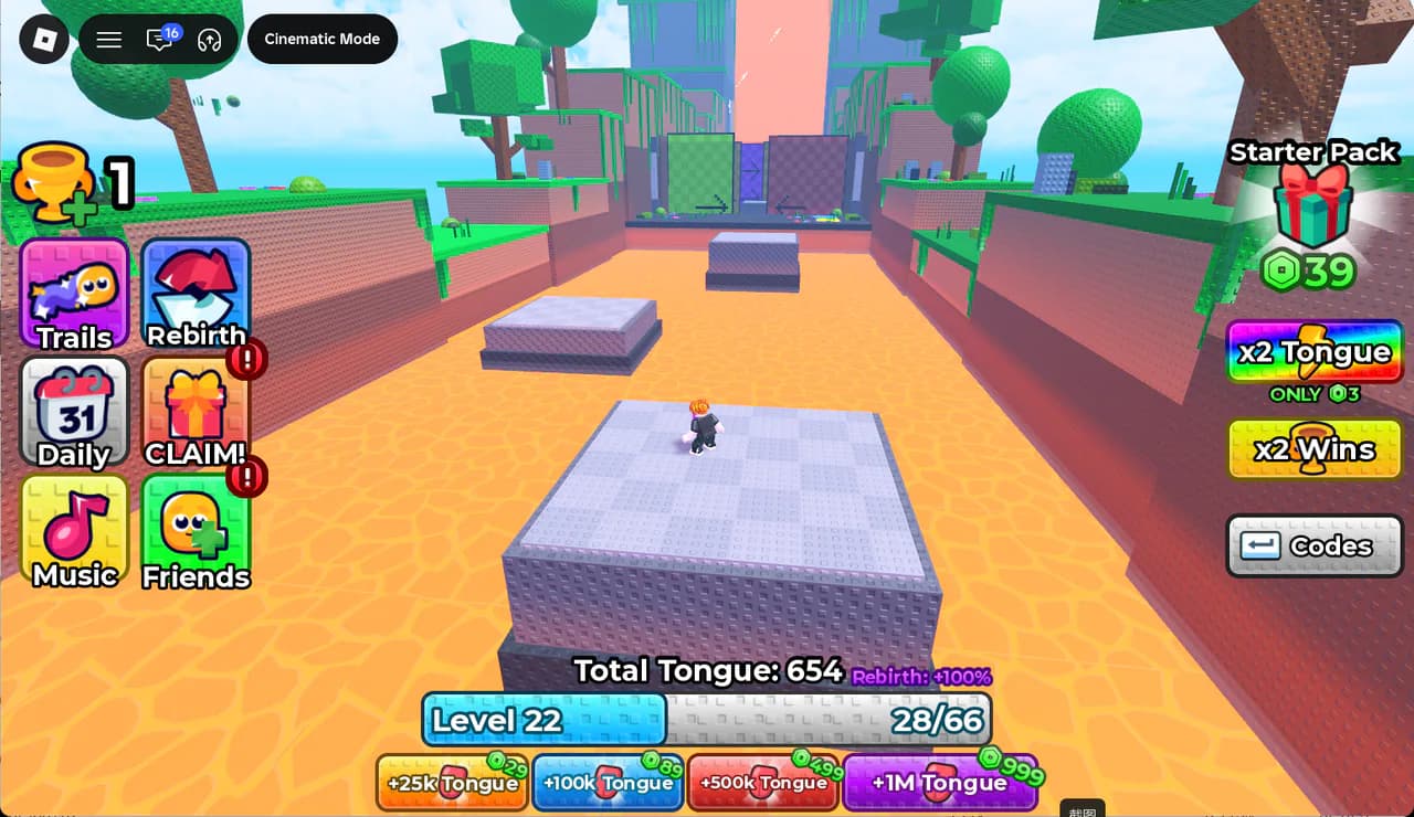 Player crossing raised gray platforms over lava in +1 Tongue Escape