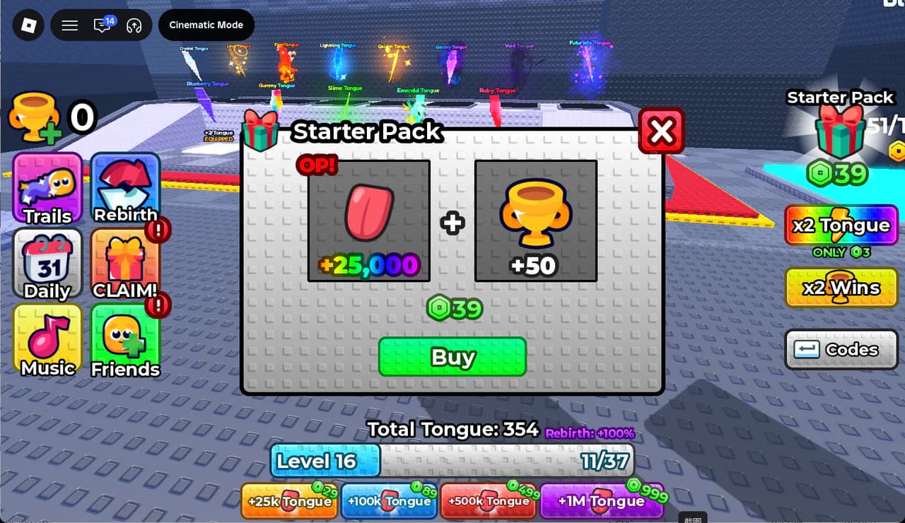 Starter Pack screen showing 25000 Tongue and 50 Wins for 39 Robux