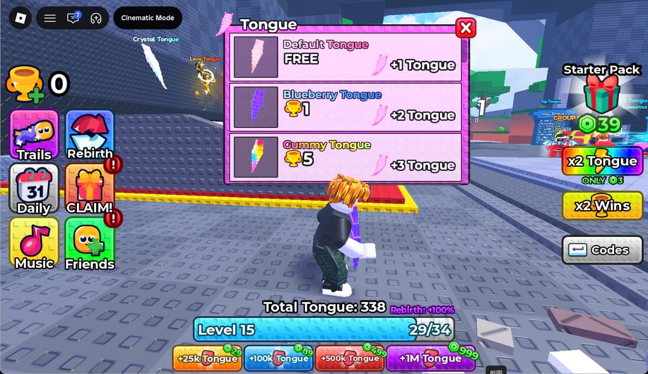 Tongue upgrade menu showing Default, Blueberry and Gummy Tongue costs and increases