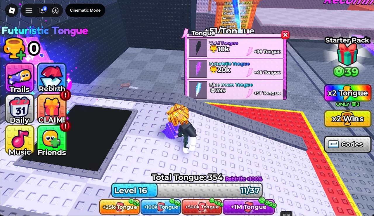 Tongue upgrade menu showing Void, Futuristic and Blue Beam Tongue costs and increases