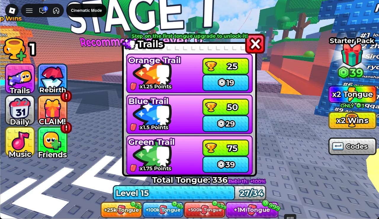 Trails menu showing Orange, Blue and Green Trail costs and point multipliers