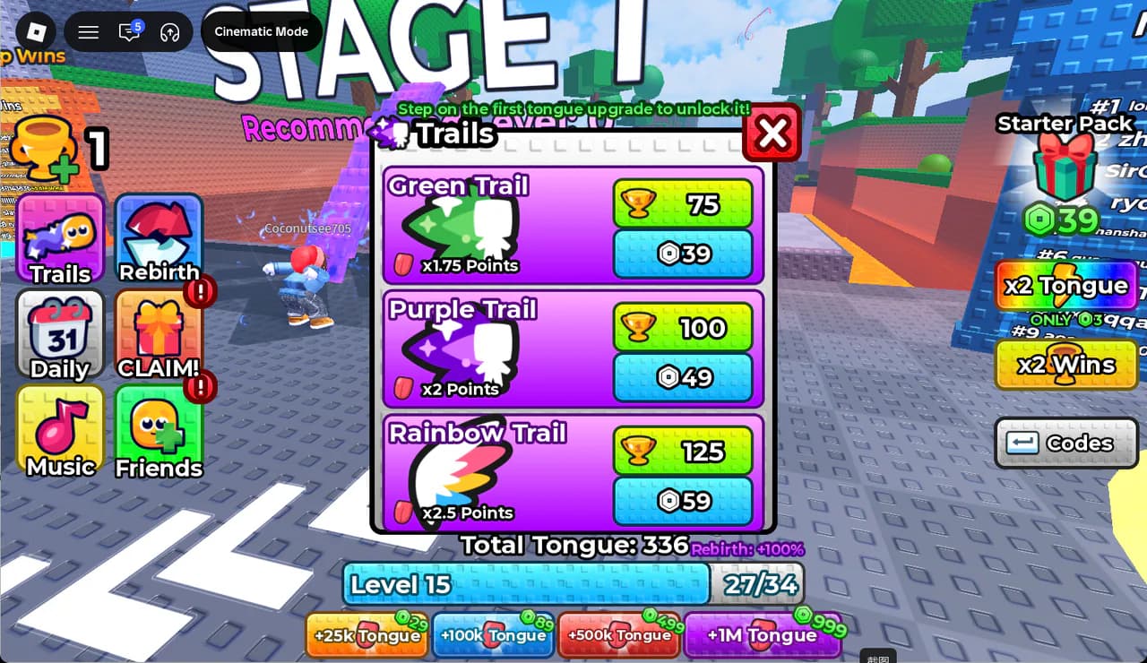 Trails menu showing Green, Purple and Rainbow Trail costs and point multipliers