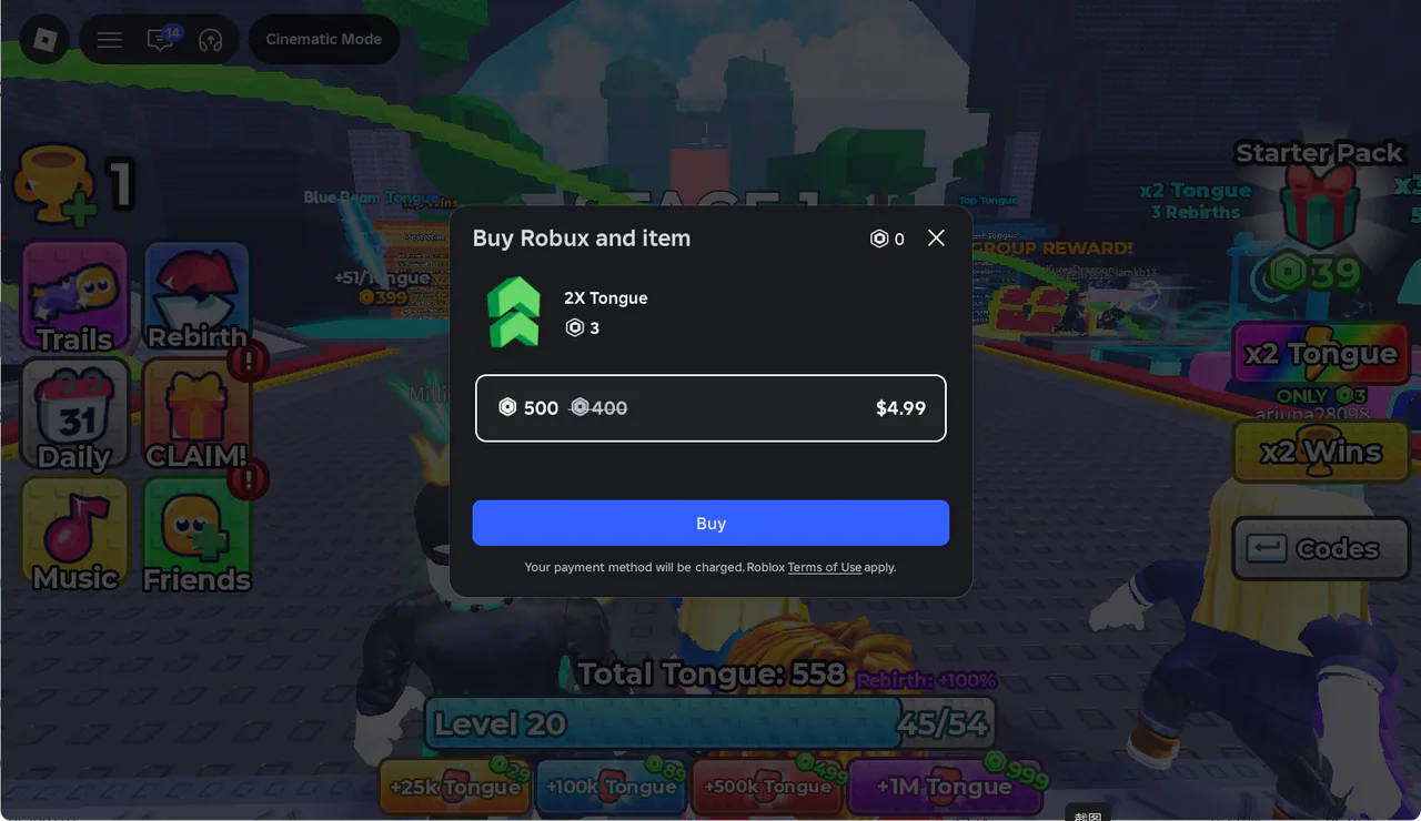 Roblox purchase dialog for the x2 Tongue item at 3 Robux