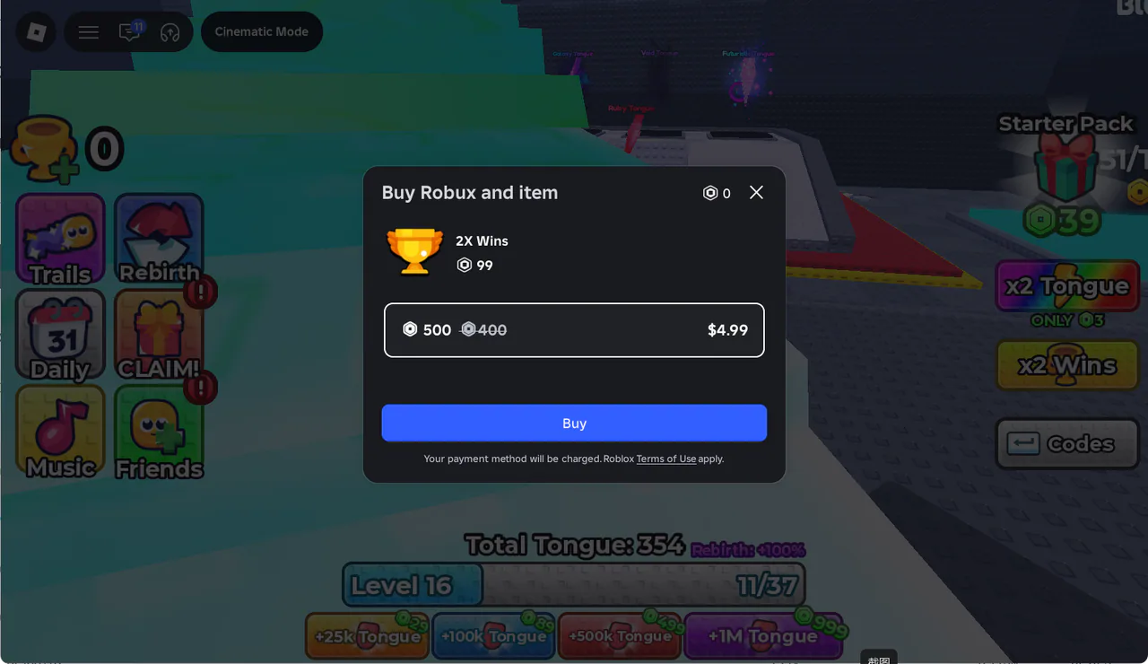 Roblox purchase dialog showing x2 Wins at 99 Robux